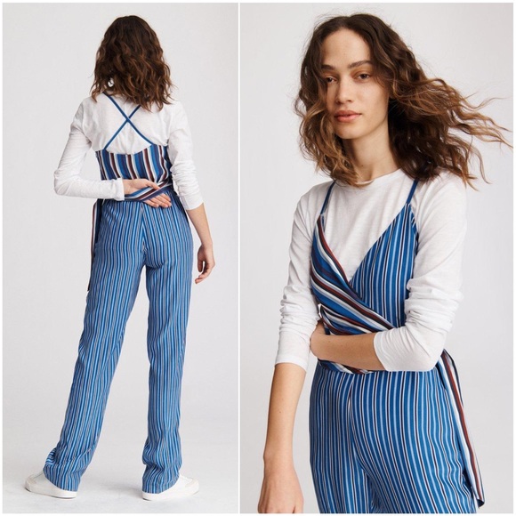 RAG & BONE Felix Jumpsuit 100% Silk Striped Wrap Belted Tie Waist Wrap Blue 6 - Picture 11 of 12